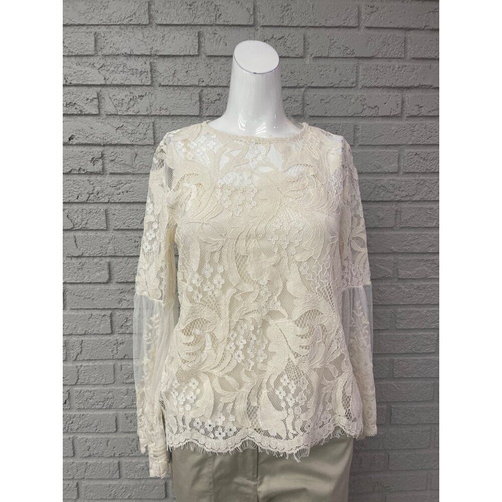Adiva Women Ivory Floral Lace Bell Sleeve Top Size S